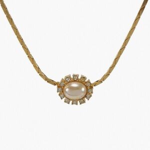 Vintage Christian Dior Starburst Radiant Pearl Rhinestone Gold Chain Necklace